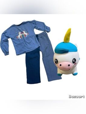 Sz 7 Girls Unicorn SweatSuit Blue W/ Unicorn Plush
